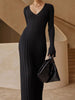 Winter Knitted Bodycon Dress Women Elegant Pleated A-line Dress Ribbed Long Sleeve Long Dress Female V-neck Knitwear Dress Robe