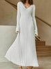 Winter Knitted Bodycon Dress Women Elegant Pleated A-line Dress Ribbed Long Sleeve Long Dress Female V-neck Knitwear Dress Robe