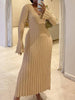 Winter Knitted Bodycon Dress Women Elegant Pleated A-line Dress Ribbed Long Sleeve Long Dress Female V-neck Knitwear Dress Robe