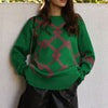 Winter Knitted Print Pullover Women Casual Plaid O-neck Sweater Vintage Loose Long Sleeve Knitwear Female Elegant Jumper