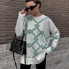 Winter Knitted Print Pullover Women Casual Plaid O-neck Sweater Vintage Loose Long Sleeve Knitwear Female Elegant Jumper