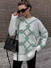 Winter Knitted Print Pullover Women Casual Plaid O-neck Sweater Vintage Loose Long Sleeve Knitwear Female Elegant Jumper