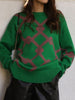 Winter Knitted Print Pullover Women Casual Plaid O-neck Sweater Vintage Loose Long Sleeve Knitwear Female Elegant Jumper