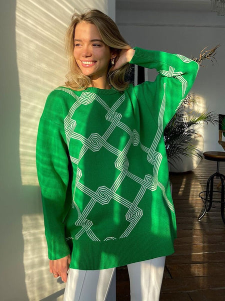 Winter Knitted Print Pullover Women Casual Plaid O-neck Sweater Vintage Loose Long Sleeve Knitwear Female Elegant Jumper