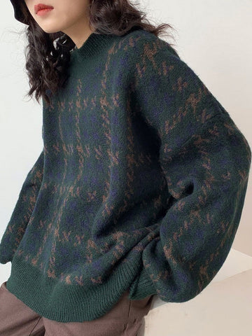 Winter Knitted Sweater Plaid Casual Vintage Sweater Oversized Women Sweater Elegant Loose Long Sleeve Pullover Female Jumpers