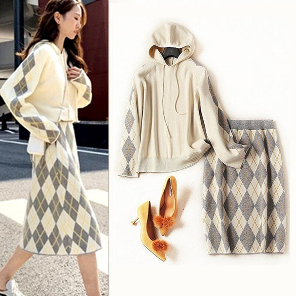 Winter Knitted Womans Suits Hooded Loose Sweater And Plaid Skirts Sets for Woman Casual Ladies Skirts Suit Good Quality CC290