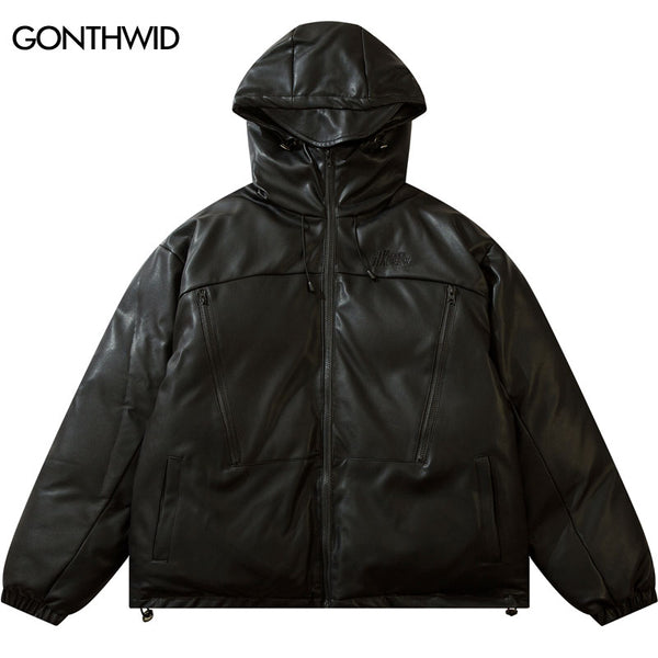 Winter Leather Hooded Parkas Jacket Streetwear Mens Solid Color Thick Warm Padded Coats Harajuku Windbreaker Jackets Outdoor
