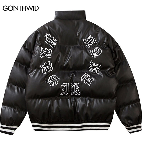 Winter Leather Jacket Parkas Streetwear Embroidery Letter Thicken Warm Puffer Bomber Coats Harajuku Loose Padded Puffer Jackets