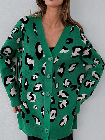 Winter Leopard Print Cardigan For Women Oversized Green Knitted Sweater Elegant Loose Thick Knitwear Casual Vintage Cardigans