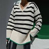 Winter Long Striped Sweater Women V-neck Contrast Knitted Pullover Casual Side Split Long Sleeve Jumper Vintage Loose Knitwear