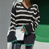 Winter Long Striped Sweater Women V-neck Contrast Knitted Pullover Casual Side Split Long Sleeve Jumper Vintage Loose Knitwear