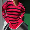 Winter Long Striped Sweater Women V-neck Contrast Knitted Pullover Casual Side Split Long Sleeve Jumper Vintage Loose Knitwear