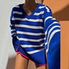 Winter Long Striped Sweater Women V-neck Contrast Knitted Pullover Casual Side Split Long Sleeve Jumper Vintage Loose Knitwear