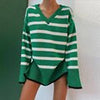 Winter Long Striped Sweater Women V-neck Contrast Knitted Pullover Casual Side Split Long Sleeve Jumper Vintage Loose Knitwear