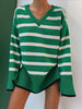 Winter Long Striped Sweater Women V-neck Contrast Knitted Pullover Casual Side Split Long Sleeve Jumper Vintage Loose Knitwear