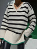 Winter Long Striped Sweater Women V-neck Contrast Knitted Pullover Casual Side Split Long Sleeve Jumper Vintage Loose Knitwear