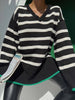 Winter Long Striped Sweater Women V-neck Contrast Knitted Pullover Casual Side Split Long Sleeve Jumper Vintage Loose Knitwear