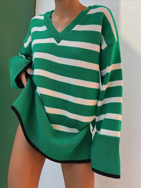 Winter Long Striped Sweater Women V-neck Contrast Knitted Pullover Casual Side Split Long Sleeve Jumper Vintage Loose Knitwear