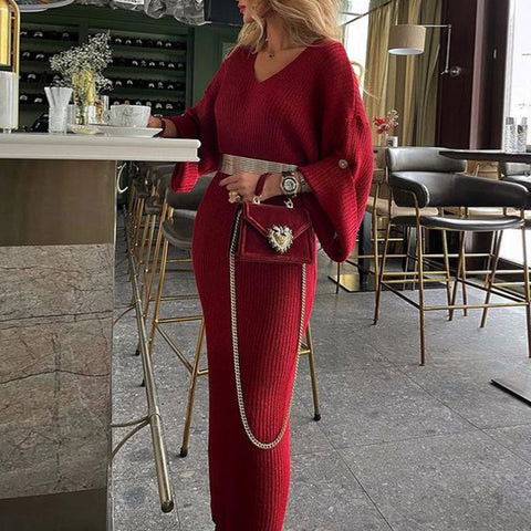 Winter Maxi Dress Red V Neck Elegant Bodycon Pullover Jumper Young Lady 2022 Autumn Fall Long Knitted Sweater Dresses