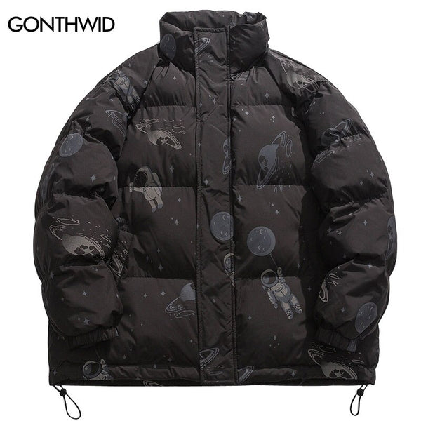 Winter Mens Parka Jackets Streetwear Hip Hop Astronaut Planet Print Thick Warm Coats 2023 Harajuku Casual Jacket Outdoor