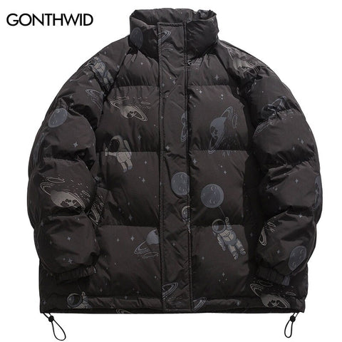 Winter Mens Parka Jackets Streetwear Hip Hop Astronaut Planet Print Thick Warm Coats 2023 Harajuku Casual Jacket Outdoor