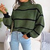 Winter Mock Neck Pullover Women Striped Knitted Sweater Korean Loose O Neck Knitwear Casual Lantern Sleeve Warm Jumper