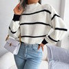Winter Mock Neck Pullover Women Striped Knitted Sweater Korean Loose O Neck Knitwear Casual Lantern Sleeve Warm Jumper