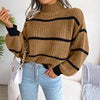 Winter Mock Neck Pullover Women Striped Knitted Sweater Korean Loose O Neck Knitwear Casual Lantern Sleeve Warm Jumper