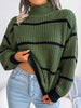 Winter Mock Neck Pullover Women Striped Knitted Sweater Korean Loose O Neck Knitwear Casual Lantern Sleeve Warm Jumper