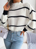 Winter Mock Neck Pullover Women Striped Knitted Sweater Korean Loose O Neck Knitwear Casual Lantern Sleeve Warm Jumper