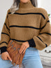 Winter Mock Neck Pullover Women Striped Knitted Sweater Korean Loose O Neck Knitwear Casual Lantern Sleeve Warm Jumper