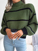 Winter Mock Neck Pullover Women Striped Knitted Sweater Korean Loose O Neck Knitwear Casual Lantern Sleeve Warm Jumper