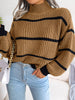 Winter Mock Neck Pullover Women Striped Knitted Sweater Korean Loose O Neck Knitwear Casual Lantern Sleeve Warm Jumper