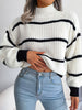Winter Mock Neck Pullover Women Striped Knitted Sweater Korean Loose O Neck Knitwear Casual Lantern Sleeve Warm Jumper