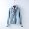 Winter  Women White Fleece Blouse Long Sleeve Thicken Warm Corduroy Shirt Ruched Tie Bow Collar Top Blusa Femenina