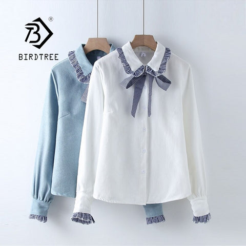 Winter  Women White Fleece Blouse Long Sleeve Thicken Warm Corduroy Shirt Ruched Tie Bow Collar Top Blusa Femenina