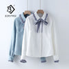 Winter  Women White Fleece Blouse Long Sleeve Thicken Warm Corduroy Shirt Ruched Tie Bow Collar Top Blusa Femenina