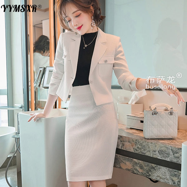 Winter Women Long-sleeved Professional Suit Skirt Two-piece High-quality Slim Short Ladies Jacket High Waist Skirt