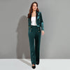 Winter Office Dark Green 2 Pieces Set Velvet Blazer Top + High Waist Pant for Women