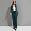 Winter Office Dark Green 2 Pieces Set Velvet Blazer Top + High Waist Pant for Women