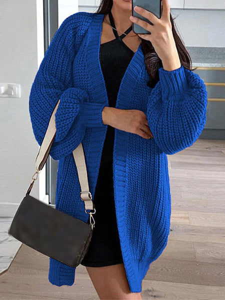 Winter Oversize Cardigan Women Loose Mid-length Knitted Sweater Vintage Lantern Sleeve Knitwear Casual Solid Cardigan