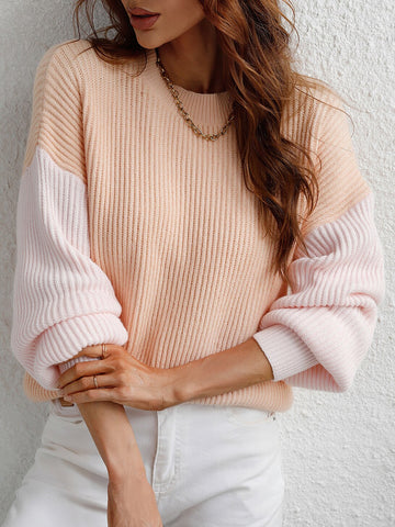 Winter Pactchwork Pullover Women Casual Loose Knit Sweater O-Neck Long Sleeve Knitwear Female Elegant Soft Warm Jumper