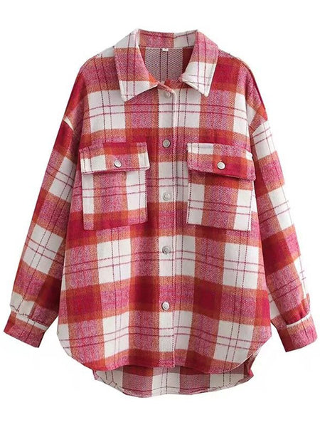 Winter Plaid Coat Flannel Vintage Shirt Women Casual Woolen Jacket Thick Outerwear Female Loose Overshirt With Pockets