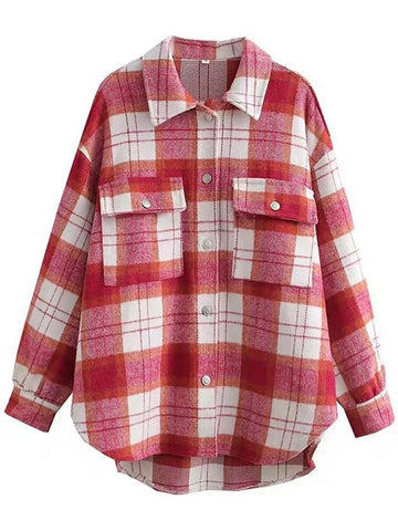 Winter Plaid Coat Flannel Vintage Shirt Women Casual Woolen Jacket Thick Outerwear Female Loose Overshirt With Pockets
