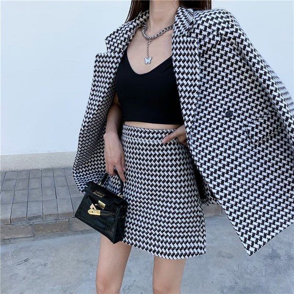Winter Plaid Double Breasted Long Sleeve Belt Midi Blazer Jacket + High Waist Mini Skirt Suit Two Piece Set Women Tweed