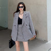 Winter Plaid Double Breasted Long Sleeve Belt Midi Blazer Jacket + High Waist Mini Skirt Suit Women Tweed Two Piece Set