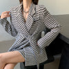 Winter Plaid Double Breasted Long Sleeve Belt Midi Blazer Jacket + High Waist Mini Skirt Suit Women Tweed Two Piece Set
