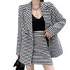 Winter Plaid Double Breasted Long Sleeve Belt Midi Blazer Jacket + High Waist Mini Skirt Suit Women Tweed Two Piece Set