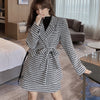 Winter Plaid Double Breasted Long Sleeve Belt Midi Blazer Jacket + High Waist Mini Skirt Suit Women Tweed Two Piece Set