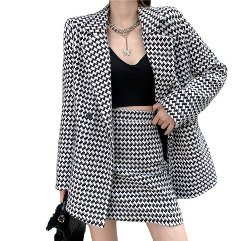 Winter Plaid Double Breasted Long Sleeve Belt Midi Blazer Jacket + High Waist Mini Skirt Suit Women Tweed Two Piece Set